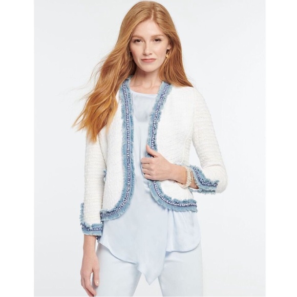 Nic + Zoe White Jacket Blue Denim Fringe Trim Boucle Knit Cardigan Size L NWT